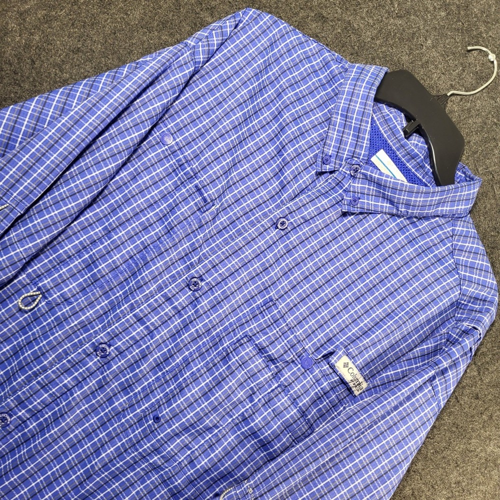 Columbia PFG Mens XXL Blue Plaid Long Sleeve Button Down Fishing Shirt Mesh Vent